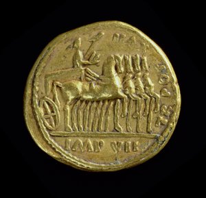 Aureus (reverse) of Tiberius (AD 14-AD 37) depicting the emperor in a four-horse chariot right. Inscription: TR POT XVII IMP VII